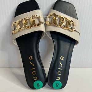 New Unisa UnSummer Cream & Gold Tone Chain link Strap Slides Square Toe Sandals